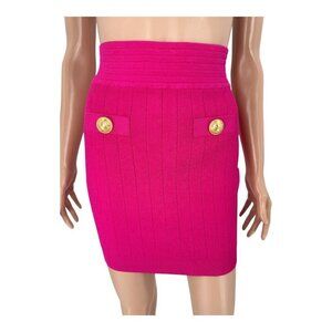 Balmain Mini Skirt Ribbed Knit Button Pink FR36 US4